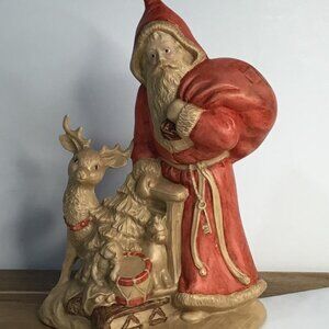 Vintage Ceramic Mold Santa with Stag and Bag of Toys Hand Painted 1991 Signed